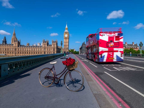 Bicycle with bunch of flowers on Westminster Bridge , London, UK White Modern Wood Framed Art Print with Double Matting by Frank, Assaf