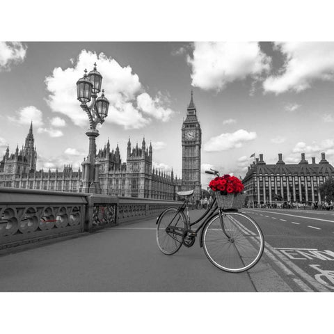 Bicycle with bunch of flowers on Westminster Bridge, London, UK Black Modern Wood Framed Art Print with Double Matting by Frank, Assaf