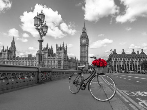 Bicycle with bunch of flowers on Westminster Bridge, London, UK Black Ornate Wood Framed Art Print with Double Matting by Frank, Assaf