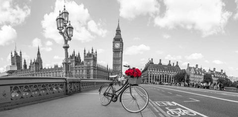 Bicycle with bunch of flowers on Westminster Bridge, London, UK Black Ornate Wood Framed Art Print with Double Matting by Frank, Assaf