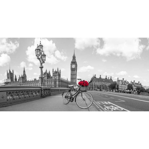 Bicycle with bunch of flowers on Westminster Bridge, London, UK Black Modern Wood Framed Art Print with Double Matting by Frank, Assaf