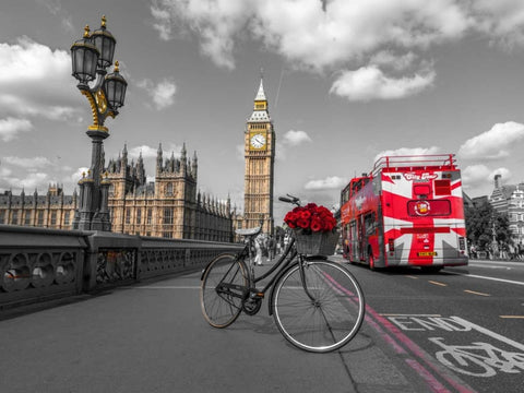 Bicycle with bunch of flowers on Westminster Bridge, London, UK Black Ornate Wood Framed Art Print with Double Matting by Frank, Assaf