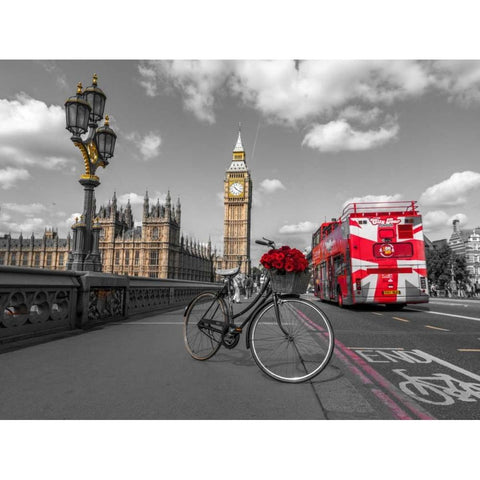 Bicycle with bunch of flowers on Westminster Bridge, London, UK Gold Ornate Wood Framed Art Print with Double Matting by Frank, Assaf