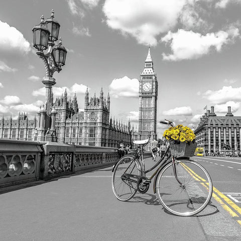 Bicycle with bunch of flowers on Westminster Bridge-London-UK Black Modern Wood Framed Art Print with Double Matting by Frank, Assaf