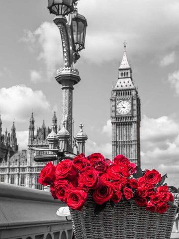Bicycle with bunch of flowers on Westminster Bridge, London, UK Black Ornate Wood Framed Art Print with Double Matting by Frank, Assaf