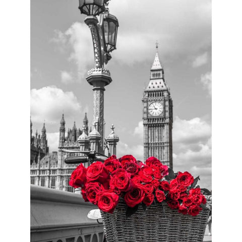 Bicycle with bunch of flowers on Westminster Bridge, London, UK Gold Ornate Wood Framed Art Print with Double Matting by Frank, Assaf