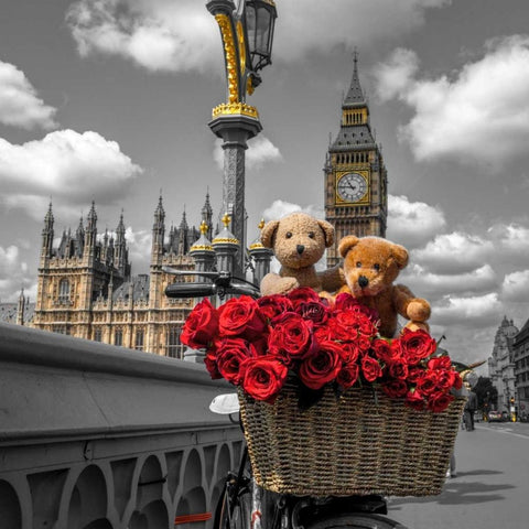 Bicycle with bunch of flowers on Westminster Bridge, London, UK Gold Ornate Wood Framed Art Print with Double Matting by Frank, Assaf