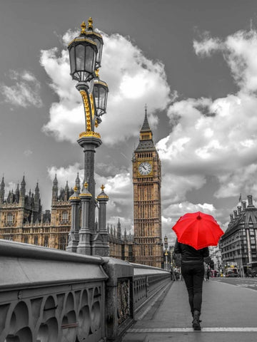 Tourist with an umbrella on Westminster Bridge, London, UK White Modern Wood Framed Art Print with Double Matting by Frank, Assaf