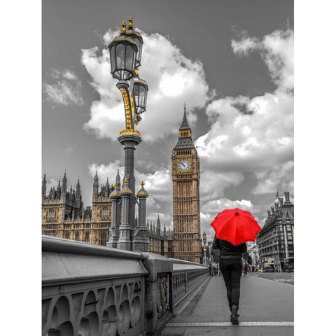 Tourist with an umbrella on Westminster Bridge, London, UK Black Modern Wood Framed Art Print with Double Matting by Frank, Assaf