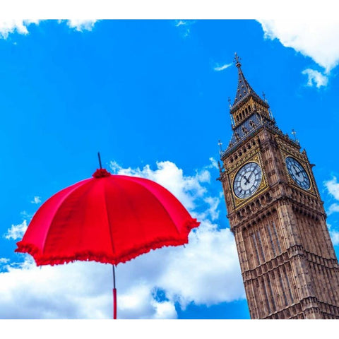 Big Ben with Red Umbrella, London, UK Black Modern Wood Framed Art Print with Double Matting by Frank, Assaf