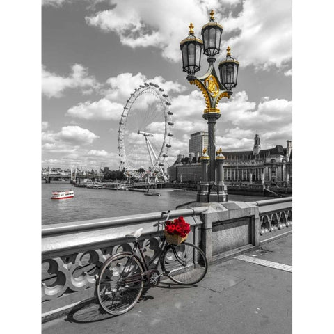 Bicycle with bunch of flowers on Westminster Bridge, London, UK Gold Ornate Wood Framed Art Print with Double Matting by Frank, Assaf