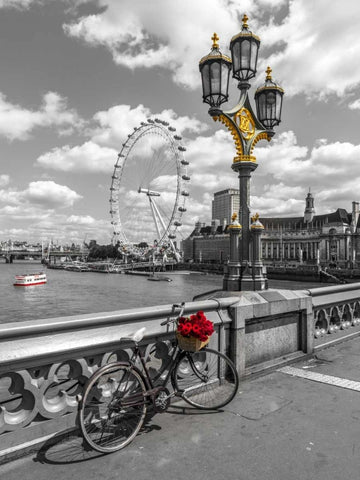 Bicycle with bunch of flowers on Westminster Bridge, London, UK Black Ornate Wood Framed Art Print with Double Matting by Frank, Assaf