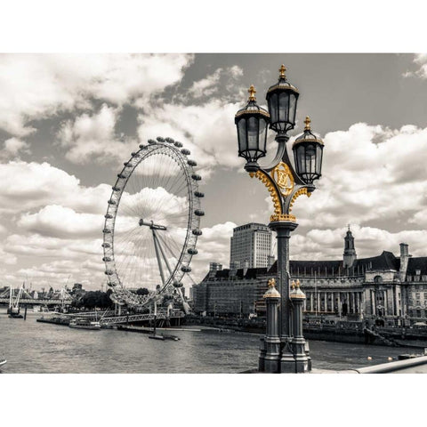 Lampost with London eye and County hall in background, London, UK Black Modern Wood Framed Art Print with Double Matting by Frank, Assaf