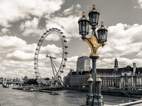 Lampost with London eye and County hall in background, London, UK White Modern Wood Framed Art Print with Double Matting by Frank, Assaf