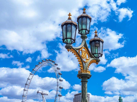 Street lamp with London Eye in background, London, UK Black Ornate Wood Framed Art Print with Double Matting by Frank, Assaf