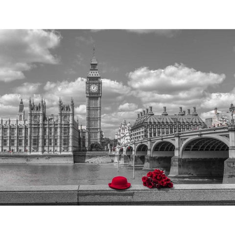 Bunch of Roses and hat on Thames promenade agaisnt Big Ben, London, UK Black Modern Wood Framed Art Print with Double Matting by Frank, Assaf
