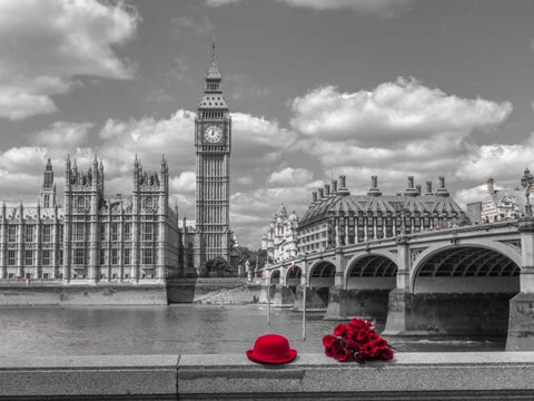 Bunch of Roses and hat on Thames promenade agaisnt Big Ben, London, UK Black Ornate Wood Framed Art Print with Double Matting by Frank, Assaf