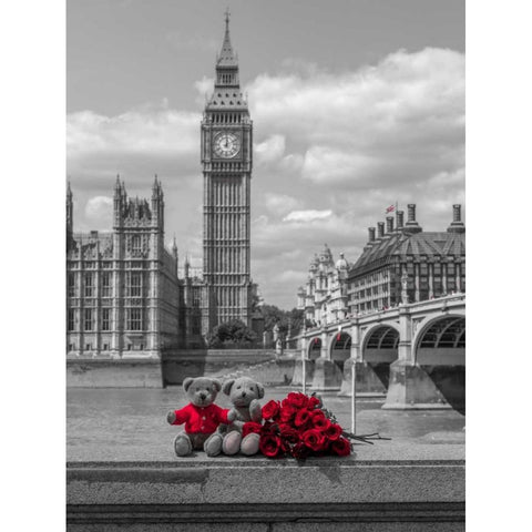 Teddy bear and bunch of Roses on Thames promenade agaisnt Westminster Abby, London, UK Black Modern Wood Framed Art Print with Double Matting by Frank, Assaf