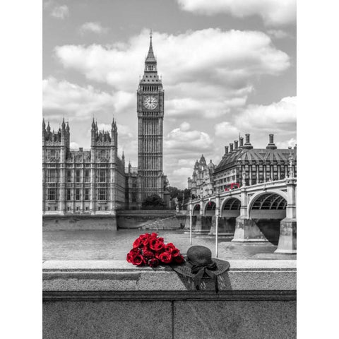 Bunch of Roses and hat on Thames promenade agaisnt Big Ben, London, UK Black Modern Wood Framed Art Print with Double Matting by Frank, Assaf