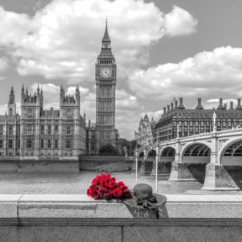 Bunch of Roses and hat on Thames promenade agaisnt Big Ben, London, UK Gold Ornate Wood Framed Art Print with Double Matting by Frank, Assaf