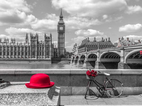 Red hat and bicycle on Thames promenade, London, UK Black Ornate Wood Framed Art Print with Double Matting by Frank, Assaf