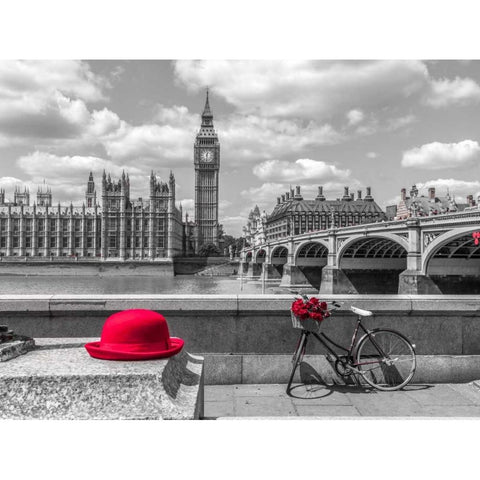 Red hat and bicycle on Thames promenade, London, UK Black Modern Wood Framed Art Print by Frank, Assaf