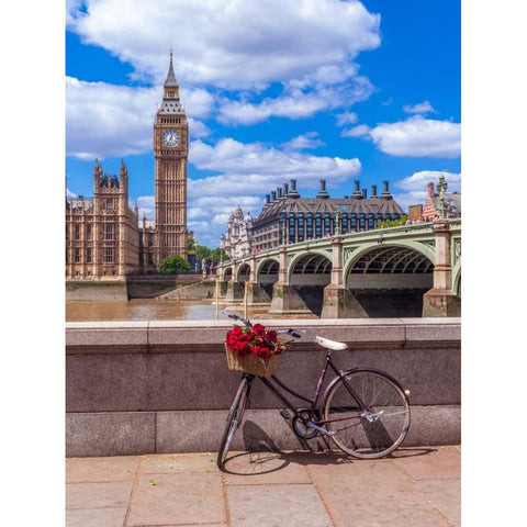Bunch of Roses on a bicycle agaisnt Westminster Abby, London, UK Gold Ornate Wood Framed Art Print with Double Matting by Frank, Assaf