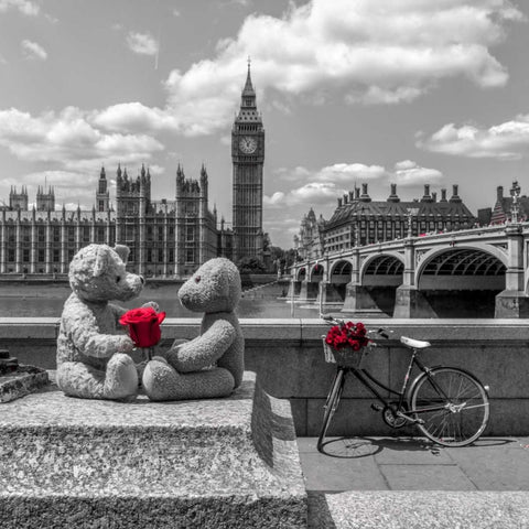 Teddy Bears with red rose agasint Westminster Abby, London, UK Black Ornate Wood Framed Art Print with Double Matting by Frank, Assaf