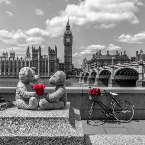 Teddy Bears with red rose agasint Westminster Abby, London, UK Black Modern Wood Framed Art Print with Double Matting by Frank, Assaf