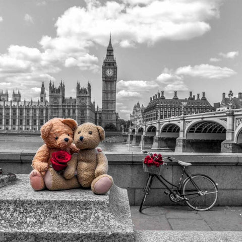 Teddy Bears with red rose agasint Westminster Abby, London, UK Black Modern Wood Framed Art Print with Double Matting by Frank, Assaf