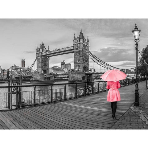 Lady in pink, Tower bridge, London Gold Ornate Wood Framed Art Print with Double Matting by Frank, Assaf