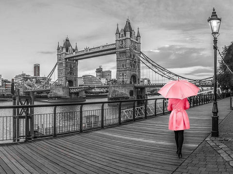 Lady in pink, Tower bridge, London Black Ornate Wood Framed Art Print with Double Matting by Frank, Assaf