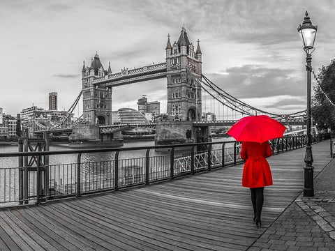 Tourist with red umbrella on promenade near Tower bridge, London, UK Black Ornate Wood Framed Art Print with Double Matting by Frank, Assaf