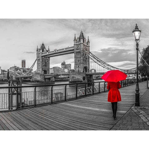 Tourist with red umbrella on promenade near Tower bridge, London, UK Black Modern Wood Framed Art Print with Double Matting by Frank, Assaf