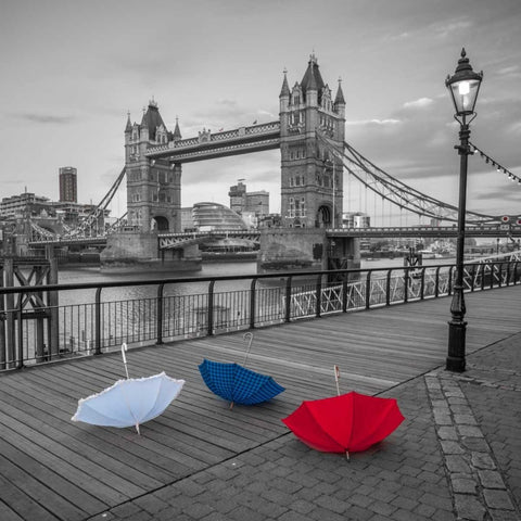 Colorful umbrellas on promenade near Tower bridge, London, UK Black Ornate Wood Framed Art Print with Double Matting by Frank, Assaf