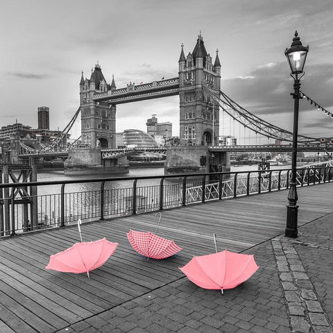 Pink umbrellas, Tower bridge, London Black Modern Wood Framed Art Print with Double Matting by Frank, Assaf