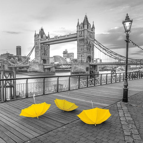 Yellow umbrellas, Tower bridge, London Black Modern Wood Framed Art Print with Double Matting by Frank, Assaf
