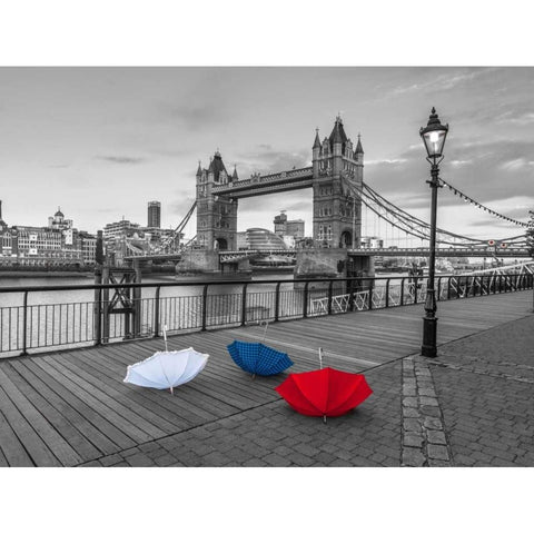 Colorful umbrellas on promenade near Tower bridge, London, UK Black Modern Wood Framed Art Print with Double Matting by Frank, Assaf