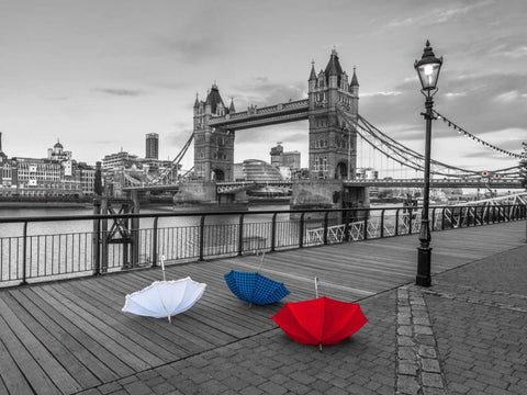 Colorful umbrellas on promenade near Tower bridge, London, UK White Modern Wood Framed Art Print with Double Matting by Frank, Assaf