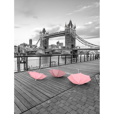 Pink umbrellas, Tower bridge, London Black Modern Wood Framed Art Print with Double Matting by Frank, Assaf