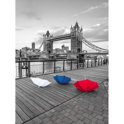 Colorful umbrellas on promenade near Tower bridge, London, UK Black Modern Wood Framed Art Print with Double Matting by Frank, Assaf