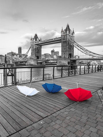 Colorful umbrellas on promenade near Tower bridge, London, UK Black Ornate Wood Framed Art Print with Double Matting by Frank, Assaf