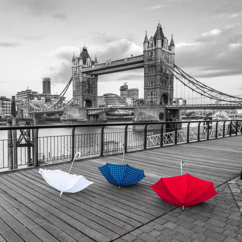 Colorful umbrellas on promenade near Tower bridge, London, UK Black Modern Wood Framed Art Print with Double Matting by Frank, Assaf