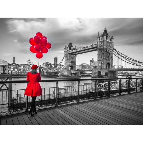 Woman with red balloons, standing on promenade near Tower Bridge, London, UK White Modern Wood Framed Art Print by Frank, Assaf
