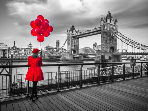 Woman with red balloons, standing on promenade near Tower Bridge, London, UK Black Ornate Wood Framed Art Print with Double Matting by Frank, Assaf