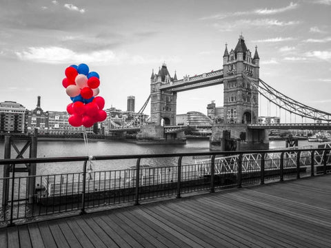 Balloons on promenade near Tower bridge, London, UK White Modern Wood Framed Art Print with Double Matting by Frank, Assaf