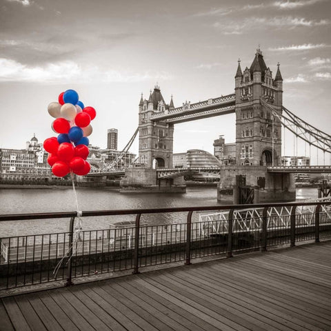 Balloons on promenade near Tower bridge, London, UK Black Ornate Wood Framed Art Print with Double Matting by Frank, Assaf