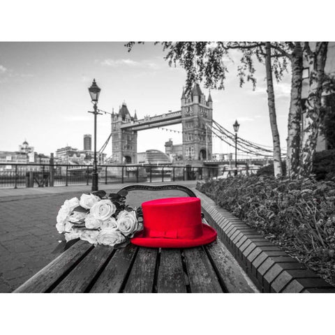 Red Hat with bunch of Roses on a bench near Tower Bridge, London, UK Black Modern Wood Framed Art Print with Double Matting by Frank, Assaf