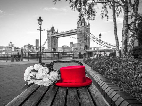 Red Hat with bunch of Roses on a bench near Tower Bridge, London, UK Black Ornate Wood Framed Art Print with Double Matting by Frank, Assaf