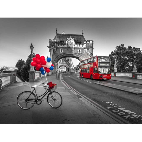Colorful balloons and bunch of roses on a bicycle at Tower bridge, London, UK Black Modern Wood Framed Art Print with Double Matting by Frank, Assaf
